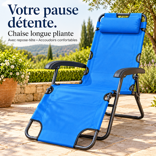 Chaise longue pliante bleue avec coussin repose-tête, accoudoirs noirs et assise prolongée sur une terrasse