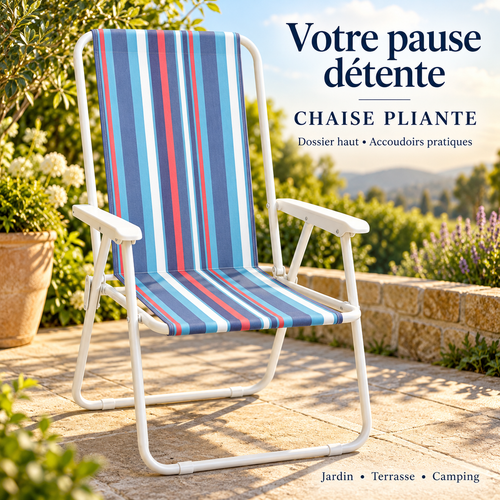 Chaise pliante à dossier haut, accoudoirs blancs et toile à rayures bleues, blanches et rouges sur une terrasse
