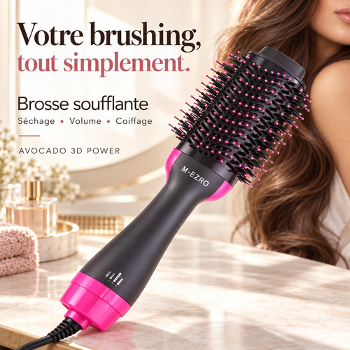 Brosse soufflante M-EZRO noire et rose à tête ovale pour séchage, volume et coiffage