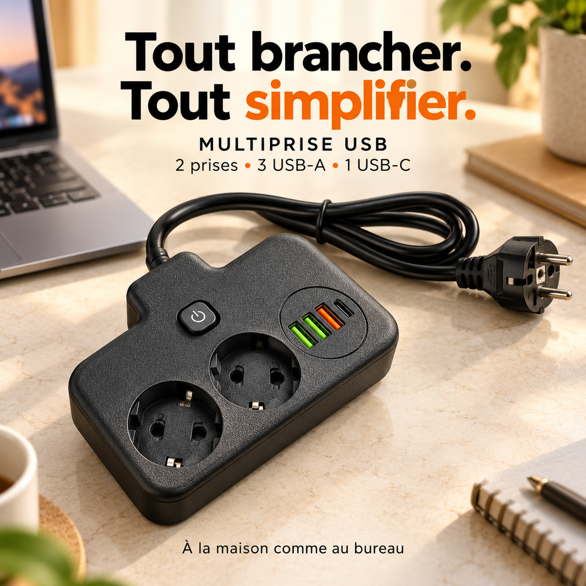 Multiprise noire avec deux prises secteur, trois ports USB-A, un port USB-C et un interrupteur