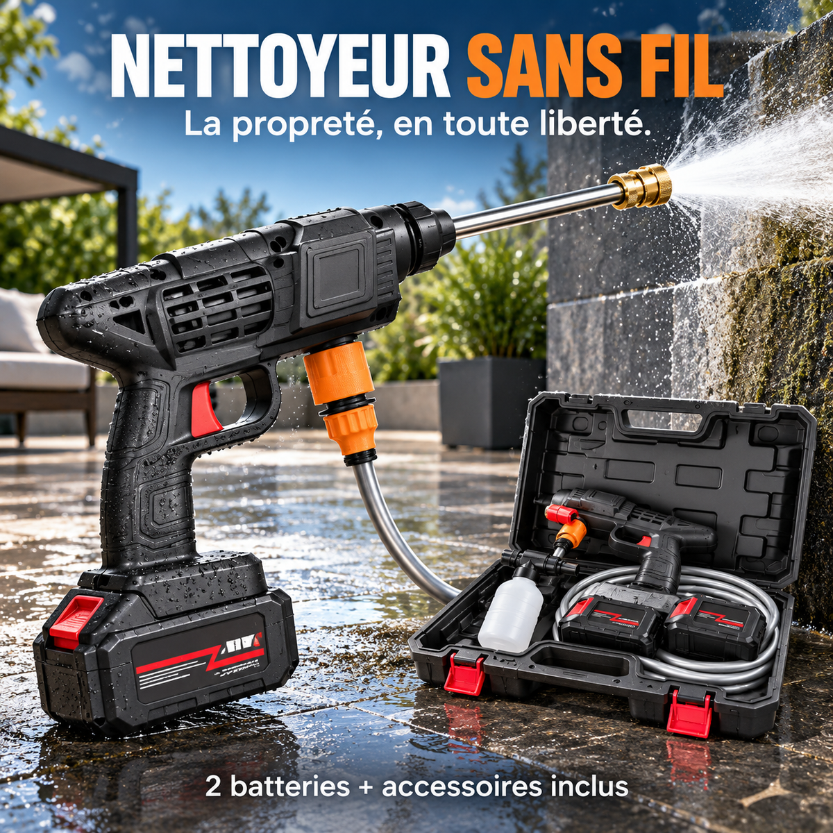 Nettoyeur sans fil noir avec lance, coffret de rangement, deux batteries, tuyau et flacon