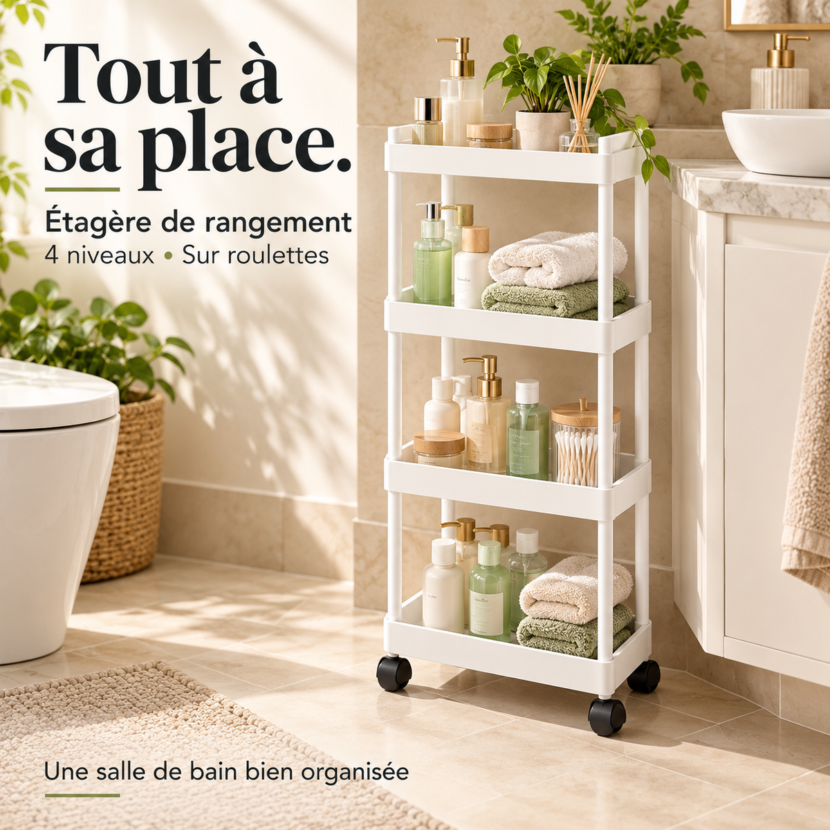 Étagère blanche de rangement à quatre niveaux sur roulettes dans une salle de bain