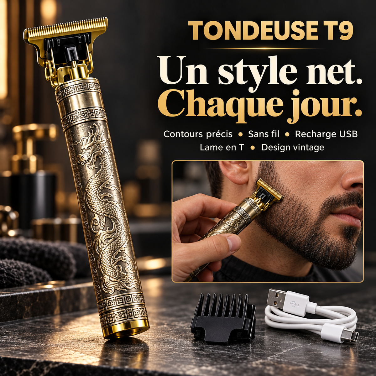 Tondeuse T9 dorée à motif dragon avec lame en T, sabot et câble de recharge USB