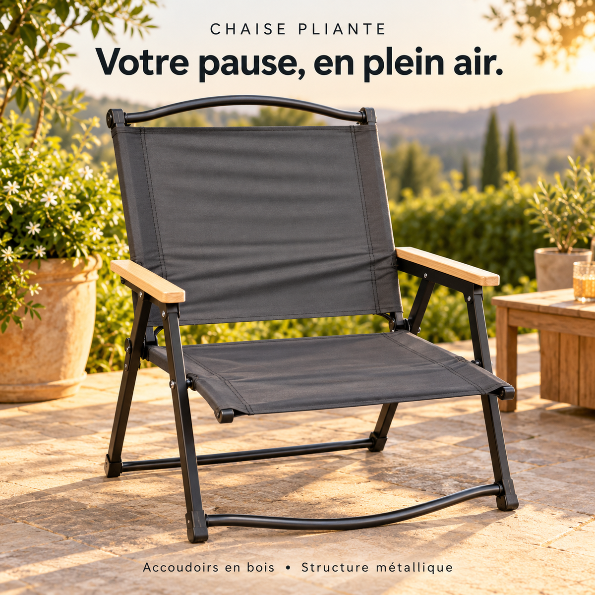 Chaise pliante grise avec structure métallique noire et accoudoirs en bois sur une terrasse
